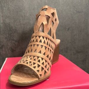 Nature Breeze Tan Wedge Sandals with Geometric Cutouts